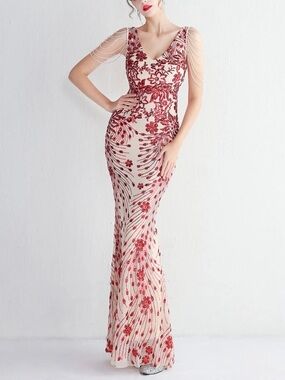Kalinnu Sequin Floral Mermaid Gown – Champagne Mesh, Burgundy Print, Plunge Maxi